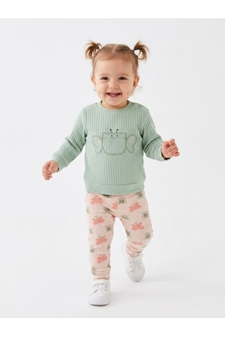HelloBaby Pamuklu Kelebek Detaylı Taytlı 2li Kız Bebek Takım Yeşil Yesil