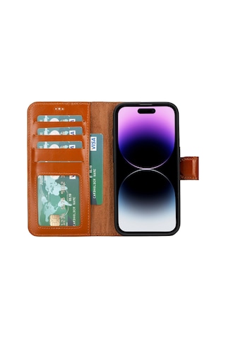 Plm Apple İphone 15 Pro Uyumlu Deri Cüzdanlı Kılıf Mwwn Rst2ef Taba Acı Kahverengi