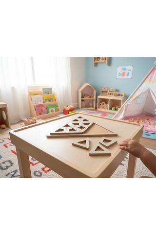Montessori Eğitici Geometrik Puzzle Oyunu - El Yapımı Yapboz Puzzle Seti Gri Üçgen