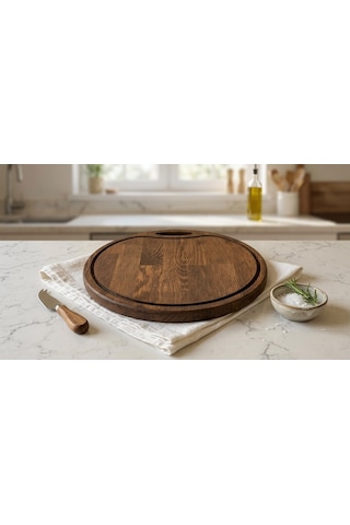 Fam Wood Art Ahşap Yuvarlak Saplı Kesme Tahtası Pizza Tabağı Sunumluk Kahverengi