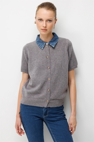 On Kadın Denim Detaylı Kısa Kollu Triko Hırka 10509 Gri