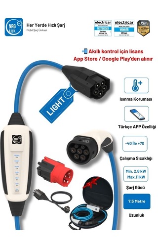 Çantalı Standart Plus 16a Light 11kw 7.5m Monofaze & Trifaze Ev Prizli Ac Mobil Şarj Wallbox 11 Kw