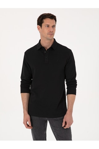 Siyah Regular Fit %100 Pamuk 3 İplik Polo Yaka Sweatshirt