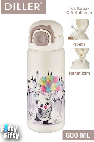 Dıller 600 Ml Tek Kapak Çift Kullanım Pipetli/pipetsiz Taşıma Kulplu Vacum Cup/çelik Termos -ffdıllerd9252 Çok Renkli