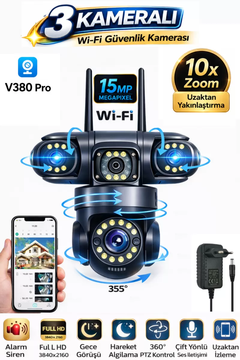 Rx113w Wifi 3 Kameralı Güvenlik Kamerası 15mp Ultra Hd Ptz Hareketli Sesli Gece Görüşlü Akıllı Kamera 08385654