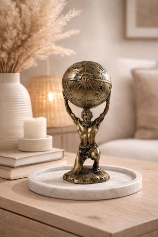 Atlas Heykeli Dünya Küreli Dekoratif Biblo Mitolojik Tasarım 20 Cm Antik Bronz Görünüm