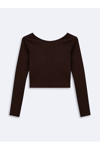 LTB Uzun Kollu Bisiklet Yaka Crop Kahverengi Sweatshırt