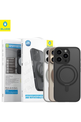 Apple Uyumlu iPhone Blueo 16 Pro Skin Friendly 360 Rotatable Magsafe Standlı Siyah Telefon Kılıfı