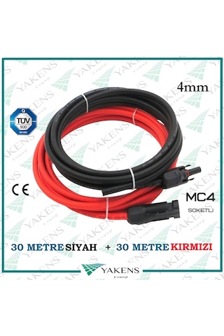 Mc4 Soketli (30m+30m) 60 Metre 4mm Güneş Paneli Hazır Solar Kablo Siyah Kırmızı