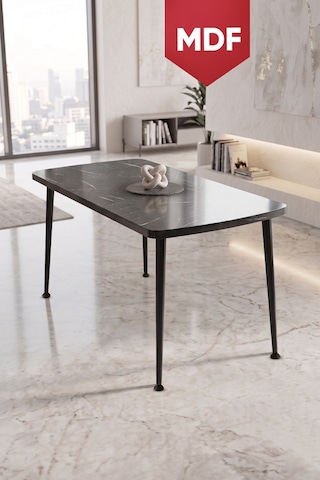 Runes Serisi Mdf Sabit 80x130 Siyah Mermer Desen Mutfak Masası Takımı 6 Sandalye Siyah Mermer - Siyah