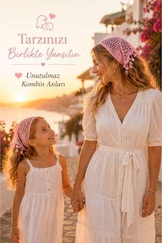Anne Kız Kombin Bandana El Örgüsü Saç Bandı Bohem Stil Ayarlanabilir 2li Set Pembe321