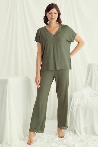 Monamise 18488 Kadın V Yaka Kısa Kollu Pijama Takımı-haki Haki