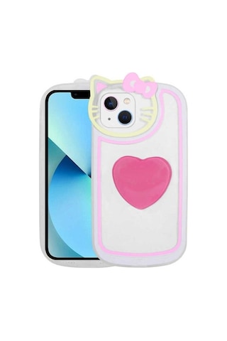 Apple Uyumlu iPhone 13 Kılıf Kedi Figürlü Transparan Pop Soketli Zore Ritmik Kapak Pembe Koyu