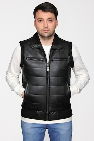 Derije Max Hakiki Deri Erkek Siyah Triko Detaylı Şişme Yelek