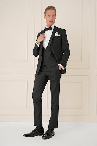 Efor Black 077 Slim Fit Çıkarılabilir Saten Yaka Yelekli Siyah Damatlık Smokin Takım Siyah