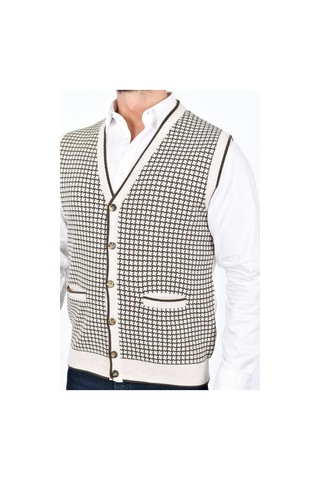 Kamalı Erkek Çelik Örgü Düğmeli Cepli Kazayağı Desen Tüylenmeyen Triko Kışlık Kazak Yelek Taş