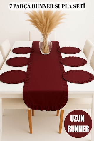 7 Parça Fırfırlı Sofra Sunum Seti 6 Adet Amerikan Servisi Supla + 1 Adet Fırfırlı Runner - 40x150 Cm Kırmızı