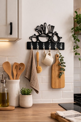 Mutfak Temalı Duvar Askılığı 6 Kancalı Mdf Duvar Askısı 39 X 29 Cm Siyah Siyah