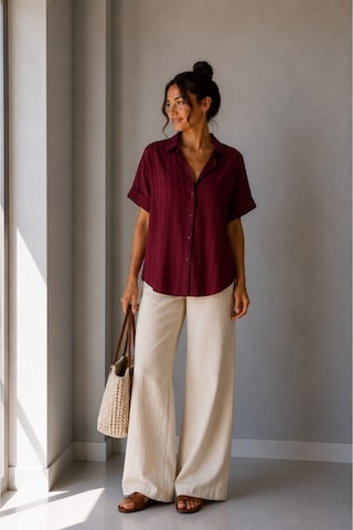 Vadon 1030 Kadın Pamuklu Çizgili Hafif Transparan Kısa Kollu Oversize Gömlek Bordo
