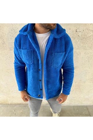 Erkek Pelüş Polar Hırka Gömlek Yakalı, İlik Düğmeli, Göğüs Cepli, Yumuşak Dokulu Kışlık Regular Fi Saks Mavisi