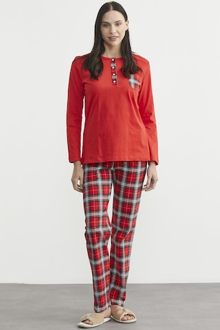 Düz Kombinli Ekose Pamuk Pijama Takım - Kırmızı Kırmızı