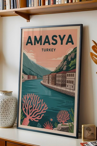Amasya Tablo - Retro Travel Poster - Türkiye Şehir Serisi Duvar Dekoru - Çerçeve Şehir İllüstrasyonu Siyah
