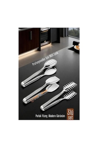 3 Lü İnox Çelik Mutfak Maşa Seti - Makarna Pasta Salata Çok Amaçlı Maşa 3 Lü Set 722225