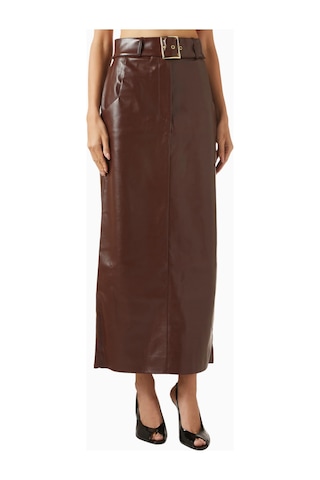 Rowen Rose Belted Maxi Skirt, Lüks Eco Leather Kuşaklı Şık Maxi Etek Kahverengi