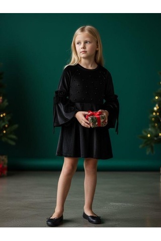 Kız Çocuk Kadife İncili Kolları Volanlı Elbise-14906 Siyah
