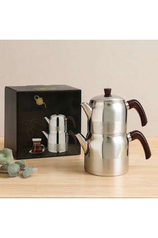 Çelik Mini Çaydanlık Seti - Çift Kapaklı 1l/1.5l Kendinden Süzgeçli Sarı