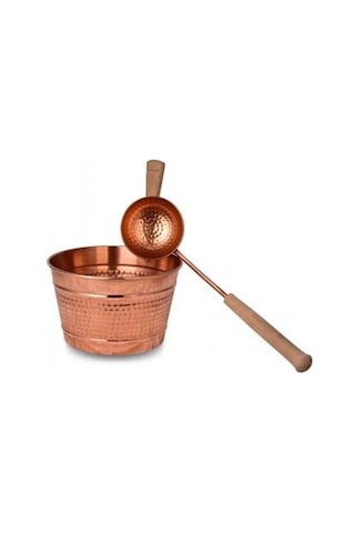 Turna Bakır Göçek Sauna Kovası Kepçeli Takım Makine Dövme Kırmız Bakır