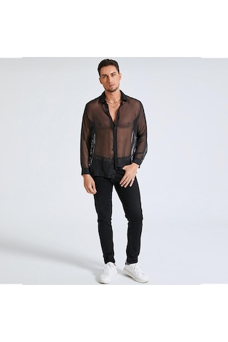 İncerun Erkek File Transparan Uzun Kollu Transparan Parti Gömlekleri Siyah