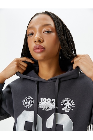 Koton Kolej Kapşonlu Sweatshirt Şardonlu Baskılı Antrasit 4wal10614ık Antrasit