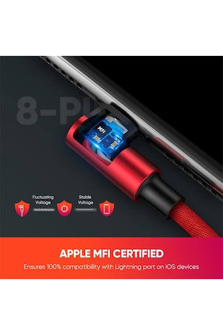 Örgülü 90 Lightning Apple Uyumlu iPhone Oyuncu Şarj Kablosu, Kırmızı, 1 Metre