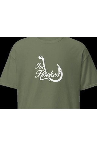 Wildstyle I'm Hooked Balıkçılık Olta Balıkçı Tutkusu Baskılı Unisex Bisiklet Yaka Pamuklu Tişört - Haki
