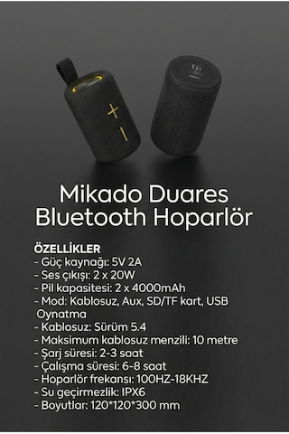 Md-4bt Duares Siyah 40w 4000mah + 4000mah Tf-aux-tws-ıpx6 Mıknatıslı Bluetooth Hoparlör