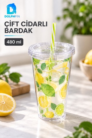 Çift Cidarlı Pipetli Bardak 480 Ml Desenli Kapaklı Plastik İçecek Bardağı Çok Renkli