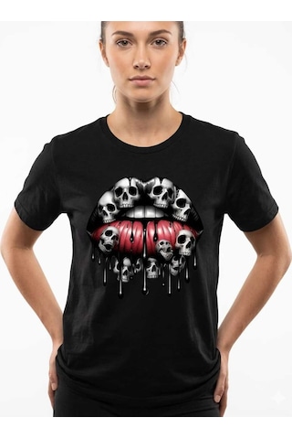 Kadın Kuru Kafa Dudak Baskılı Pamuklu T-shirt Siyah