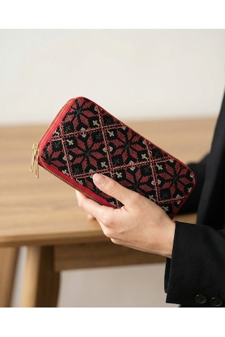 Zaytoon Filistin Geleneksel Renkli Kırmızı Nakışlı Çift Fermuarlı Kadın Büyük Cüzdeni 20x10 Cm A100027 Kirmizi