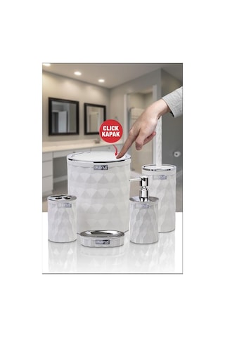 Okyanus Home Diamond Beyaz Kromlu Click Kapak 5'li Banyo Seti Beyaz