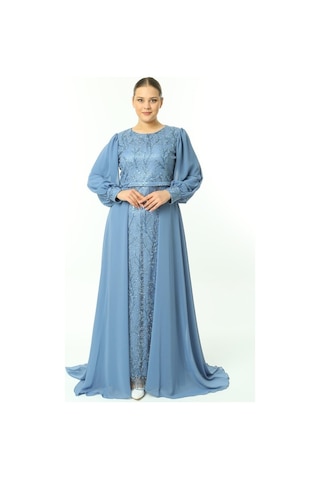 Ladies First Büyük Beden 3704 Indigo Uzun Abiye Elbise