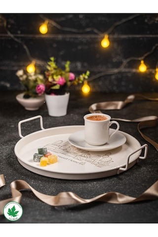 Lin Metal 24cm Yuvarlak Tel Kulplu Tepsi Kaktüs Baskılı - Krem