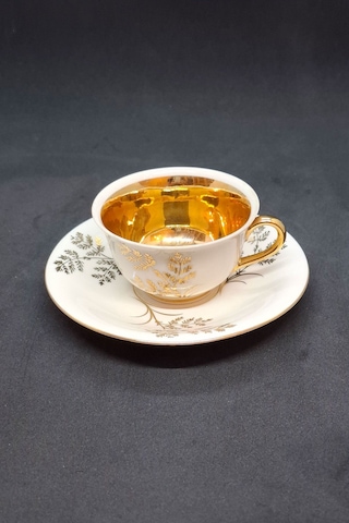 Kerafina Porzellan Türk Kahve Boyu Vintage Kahve Fincanı 2 Parça 90 Ml Sarı - Altın