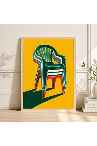 Retro Plastik Bahçe Sandalyeleri Sanat Baskısı Orta Çağ Modern Pop Art Hardal Sarısı Serigrafi Baskı Açık Ahşap