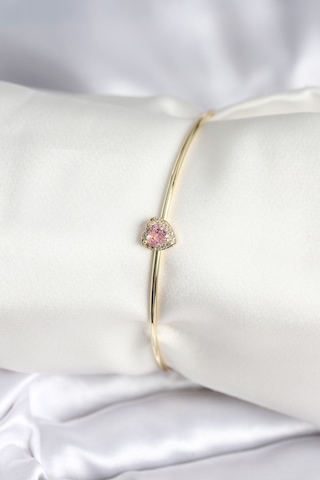 Pembe Zirkon Taşlı Kalp Model Gold Renk Kadın Bileklik Çok Renkli