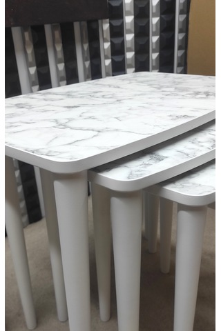 4 Lü Mdf Lam Ahşap Zigon Sehpa Beyaz Mermer