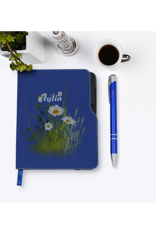Kişiye Özel Papatya Temalı Lacivert Termo Deri Defter Kalem Seti- N11.141
