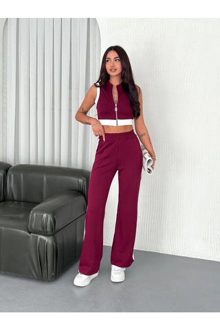 Primemagazam Kadın Osy Modal Yumuşak Dokulu Kumaş Tam Fermuarlı Crop Pantolon İkili Takım - Bordo Çeşitli