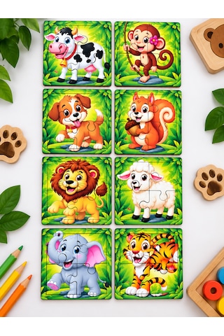 8 Adet 10x10 Cm Ahşap Hayvanlar Mini Puzzle Seti Animal
