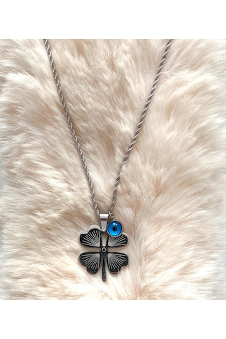 Gns Aksesuar 4 Yapraklı Yonca Nazarlık Detaylı Burgu Halat Zincir Kolye Gümüş